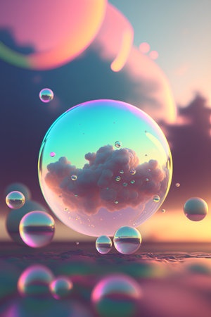 Soap bubble with pink clouds. 3d rendering, 3d illustration.の素材