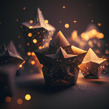 Christmas tree made of paper stars on a dark background. 3d renderingの素材
