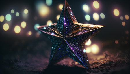 Christmas star on snow with bokeh background. 3d renderingの素材