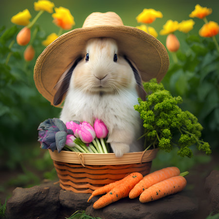 Rabbit in a straw hat with a basket of spring flowers.の素材