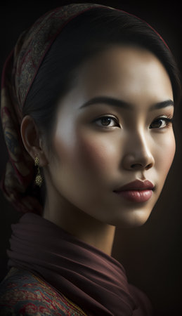 Portrait of a beautiful asian woman wearing a headscarfの素材
