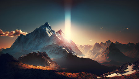 Fantasy landscape with mountains and sun. 3d render illustration.の素材