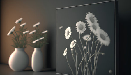 3d rendering white daisies in vase on black backgroundの素材
