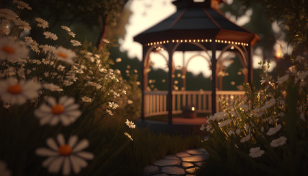 Gazebo in the garden at sunset. 3d renderingの素材