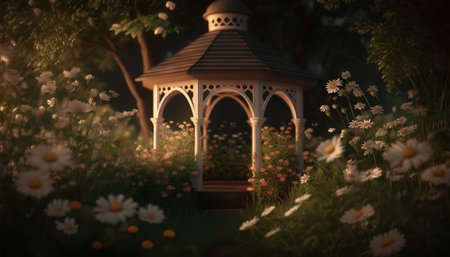 Small gazebo in the garden at night with flowers.の素材