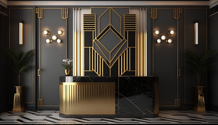 Interior of modern luxury bathroom with gold and black wallsle floor, 3d renderの素材
