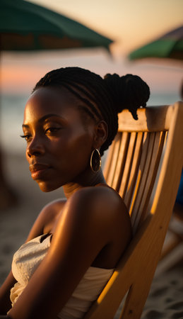 Close-up portrait of a beautiful african american woman sitting on a sun lounger at sunsetの素材
