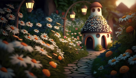 Beautiful garden with flowers and lanterns at sunset, 3d renderの素材