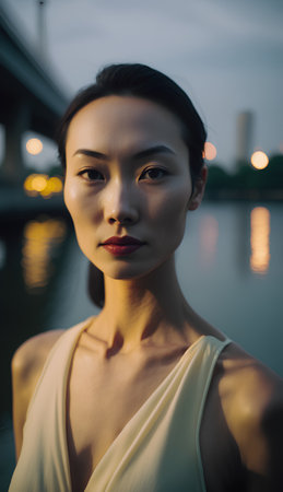 Portrait of a beautiful asian woman in the city at nightの素材