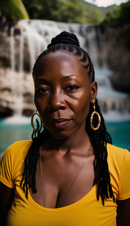 Portrait of beautiful young African woman with braids wearing yellow shirt.の素材