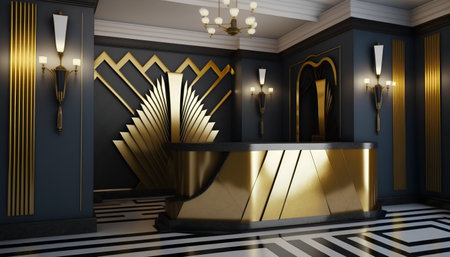golden reception desk in the lobby of a luxury hotel - renderingの素材
