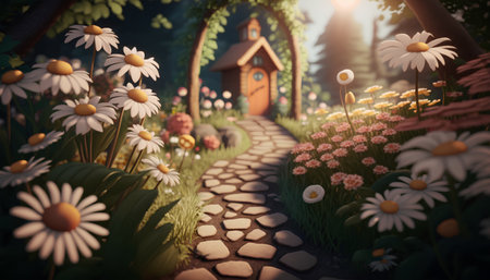 Beautiful garden with daisies and church in the background.の素材