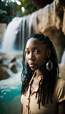 Portrait of beautiful african american woman with dreadlocks at waterfallの素材