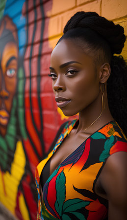 Beautiful african american woman with dreadlocks posing in front of graffiti wallの素材