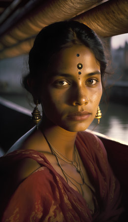 Close up portrait of a beautiful indian woman on the boat.の素材