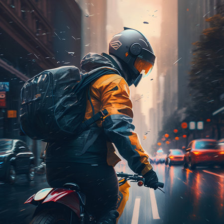 Motorcyclist in a protective helmet on a motorcycle in the rain.の素材