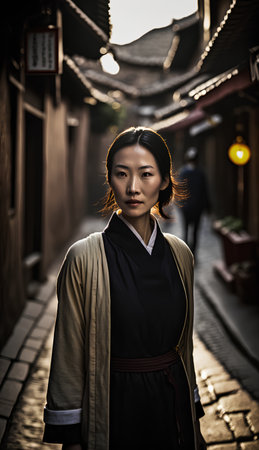 Japanese woman wearing a kimono in the old town of Kyotoの素材