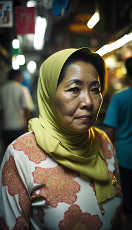 Portrait of a Muslim woman in a market in Bangkok, Thailandの素材