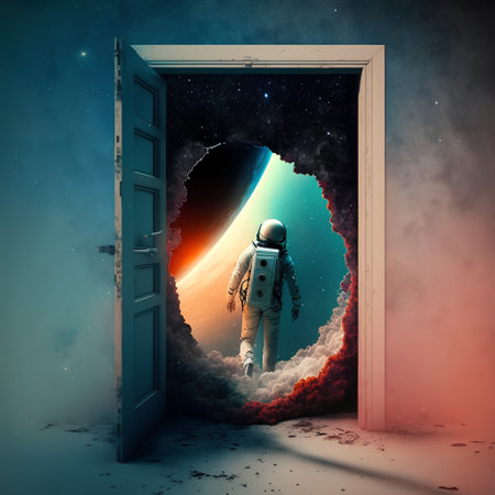 Astronaut in space opening the door. 3D rendering.の素材