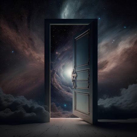 Door opening to fantasy space with starry sky and moon illustrationの素材