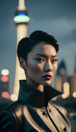 Portrait of a beautiful asian woman in the city. Beauty, fashion.の素材