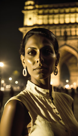Portrait of a beautiful indian woman in the city at nightの素材