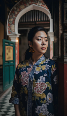 Beautiful asian woman wearing a traditional cheongsam in Bangkok, Thailandの素材