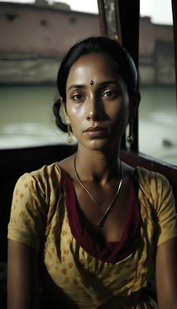 Portrait of a beautiful indian woman sitting in a boat.の素材