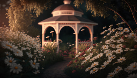 Gazebo in the garden at night. 3d renderingの素材