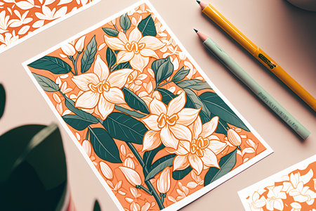 top view of orange paper with floral pattern and pencils on beige backgroundの素材