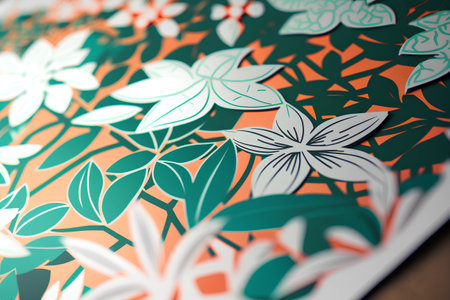 abstract floral pattern in green, orange and white colors on paperの素材