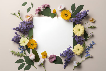 Flowers composition. Frame made of flowers on beige background. Flat lay, top view, copy spaceの素材