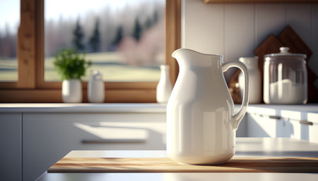 3d render of a white jug on a table in the kitchenの素材