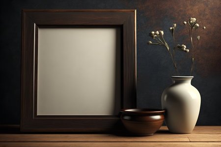 Empty picture frame and vase on wooden table on dark wall backgroundの素材
