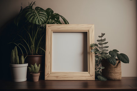 Wooden photo frame mockup in interior with houseplants.の素材