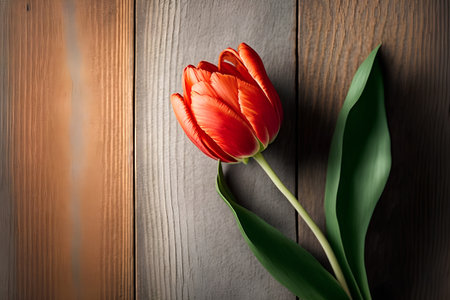Tulips on wooden background. Top view with copy space.の素材