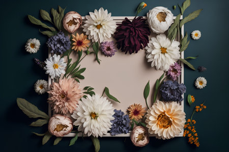 Flowers composition. Frame made of flowers on dark background. Flat lay, top view, copy spaceの素材