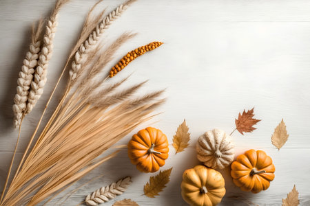 Autumn still life with pumpkins, wheat ears and dry leaves on white wooden backgroundの素材