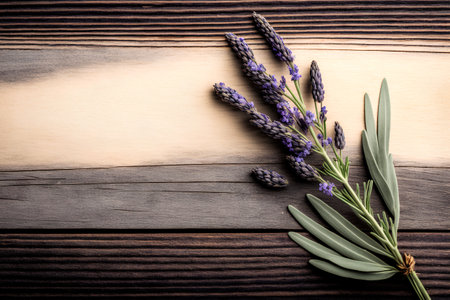 Lavender flowers on rustic wooden background. Toned.の素材