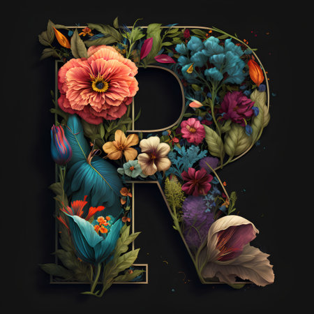 Beautiful floral capital letter R decorated with flowers and leaves on black backgroundの素材