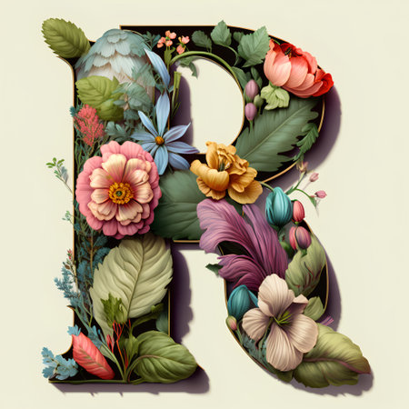 Floral capital letter R, uppercase and lowercase letters decorated with flowers.の素材