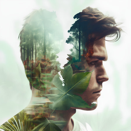 Double exposure portrait of a man with green leaves and tropical forest.の素材