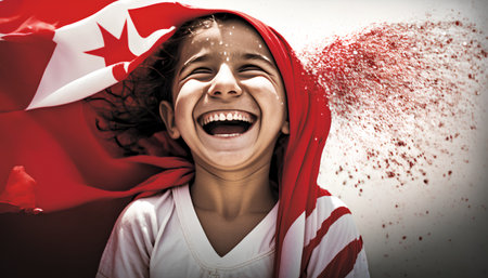 Portrait of happy young girl with flag of canada in handの素材
