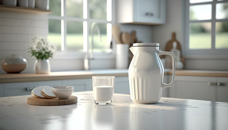 Milk in a glass on the table in the kitchen. 3d renderingの素材