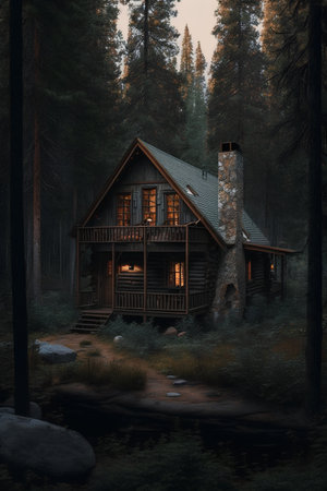 Wooden house in the forest. 3D rendered Illustration.の素材