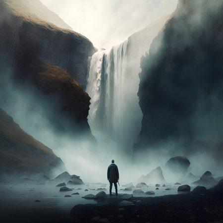 Man standing in front of a waterfall. 3D Rendering.の素材