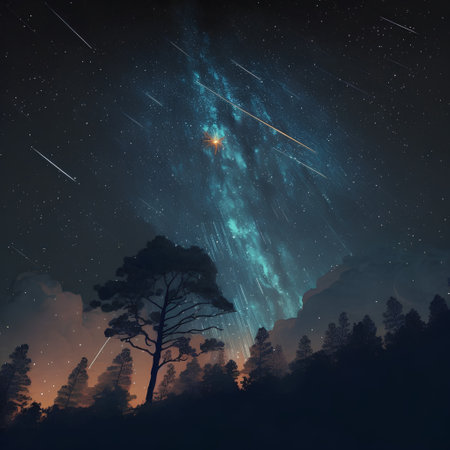 Night sky with stars and milky way over pine tree in forestの素材