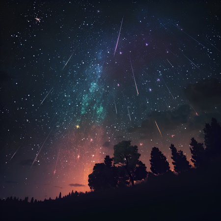 Night sky with stars and milky way above pine trees, illustrationの素材