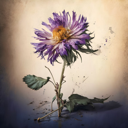 Aster flower with watercolor splashes on grunge background.の素材