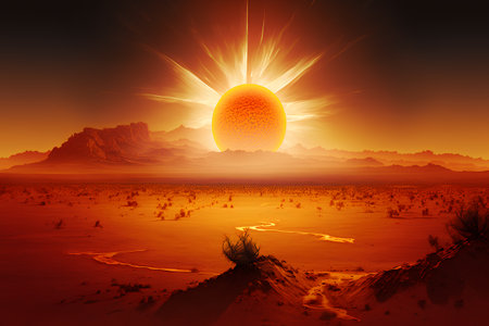 Sunrise over desert landscape. 3D render. Illustration.の素材